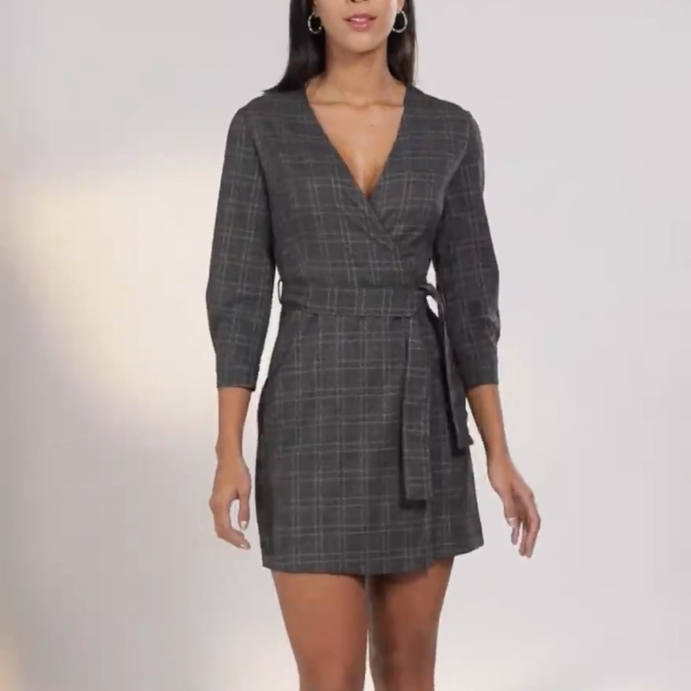 MANGO Women Charcoal Grey Checked Wrap Dress Size S